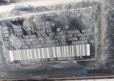 2012 Subaru Legacy 2.5I Premium from USA, damaged, VIN 4S3BMCC6XC3020239